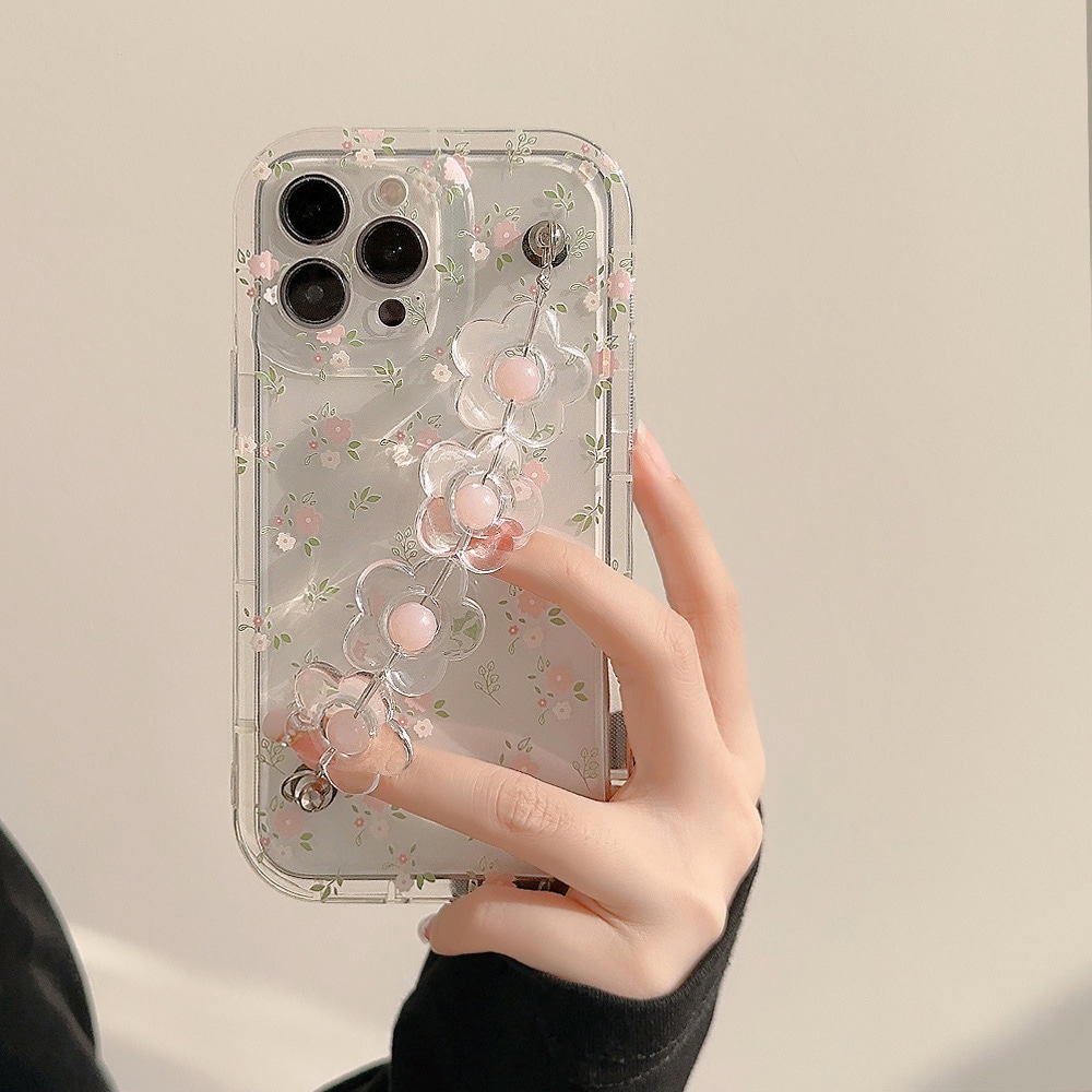 아이폰 15 플러스 핑크 잔꽃 스트랩 투명 케이스