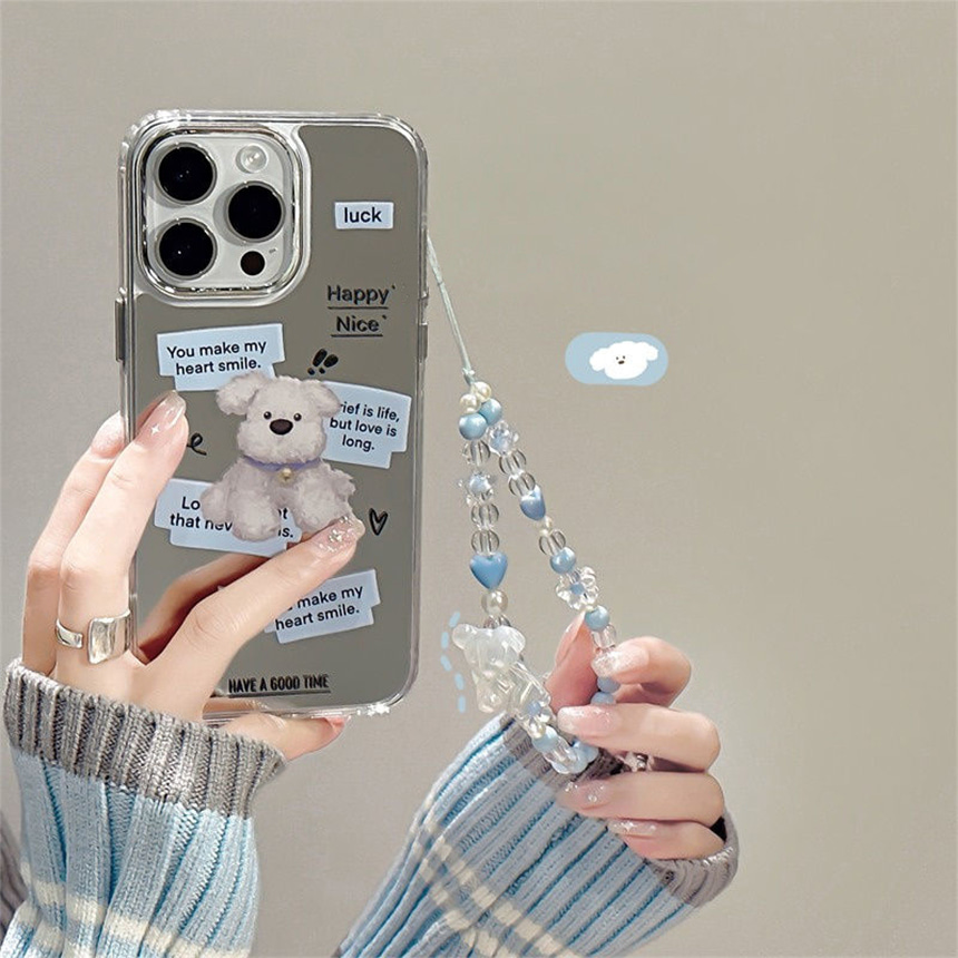 아이폰 15 프로맥스 블루 강아지 거울 스트랩 젤리 케이스