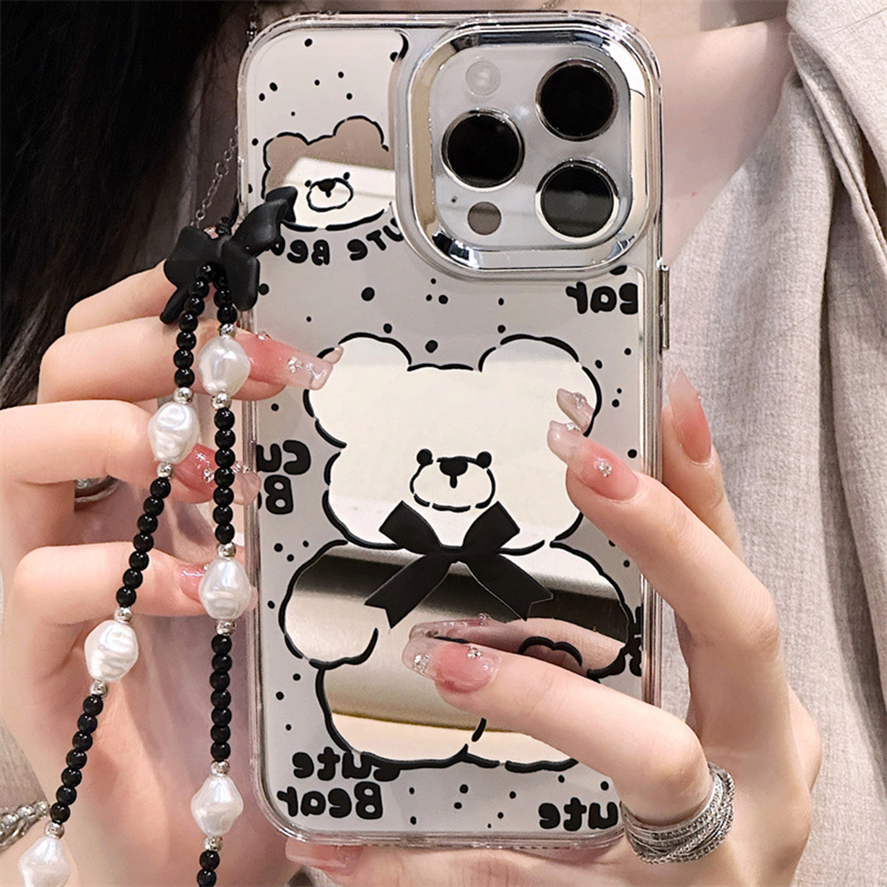 아이폰 15 프로 곰 리본 스트랩 비즈 거울 젤리 케이스